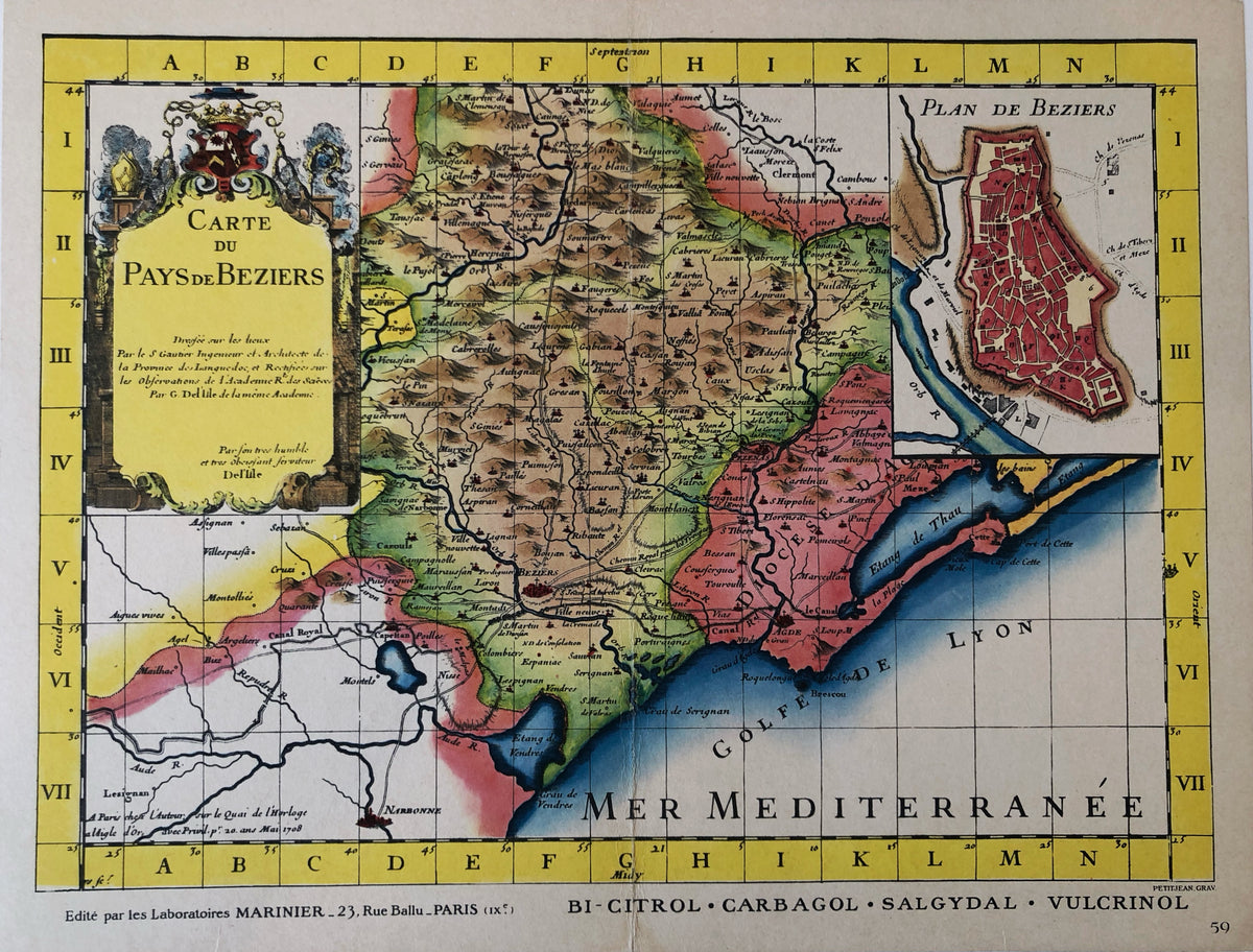 Original 19th Century Cartography Map - Pays de Beziers Mediterranee